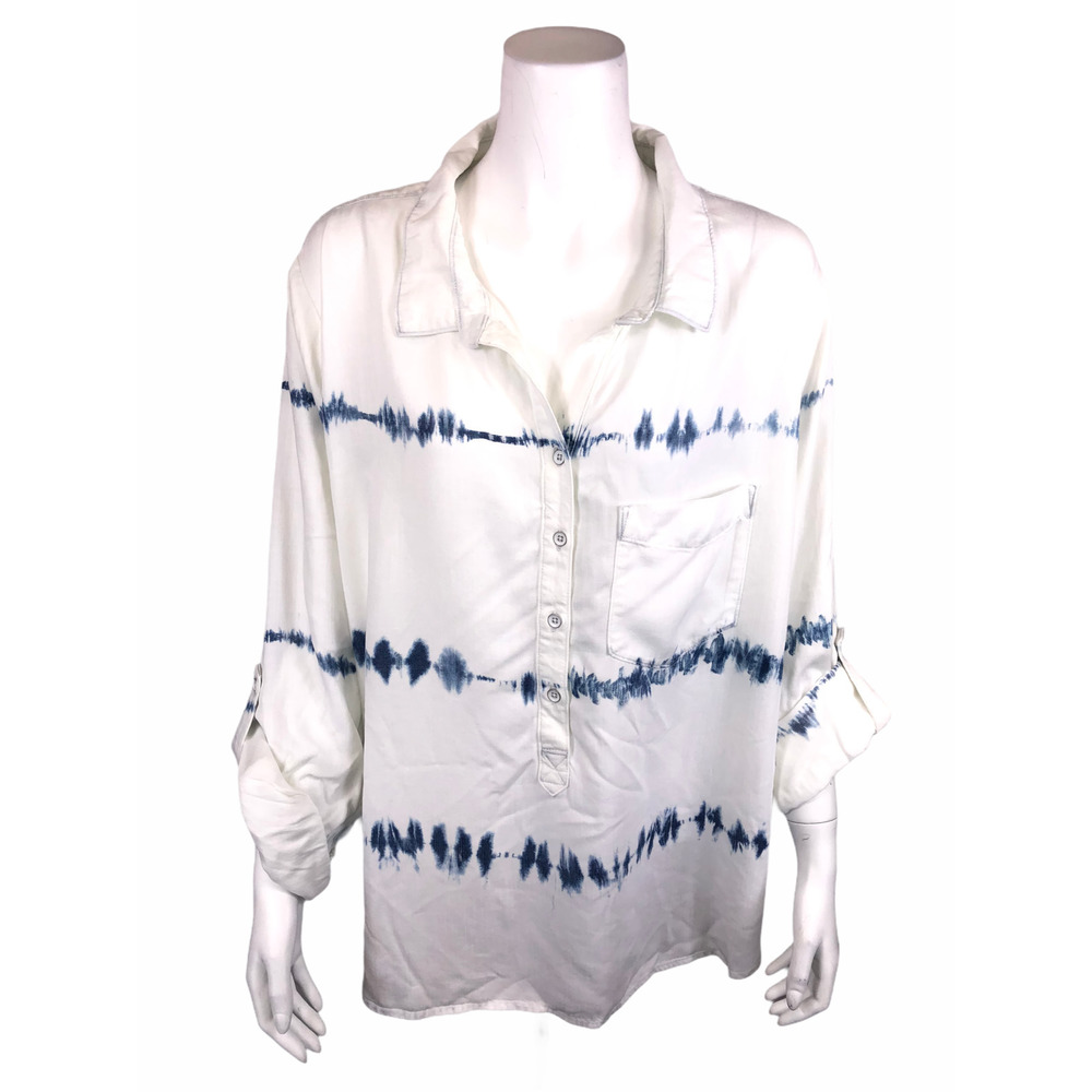 Side Stitch Women's Tie Dye Collared 3/4-Sleeves Top Indigo White Small Size